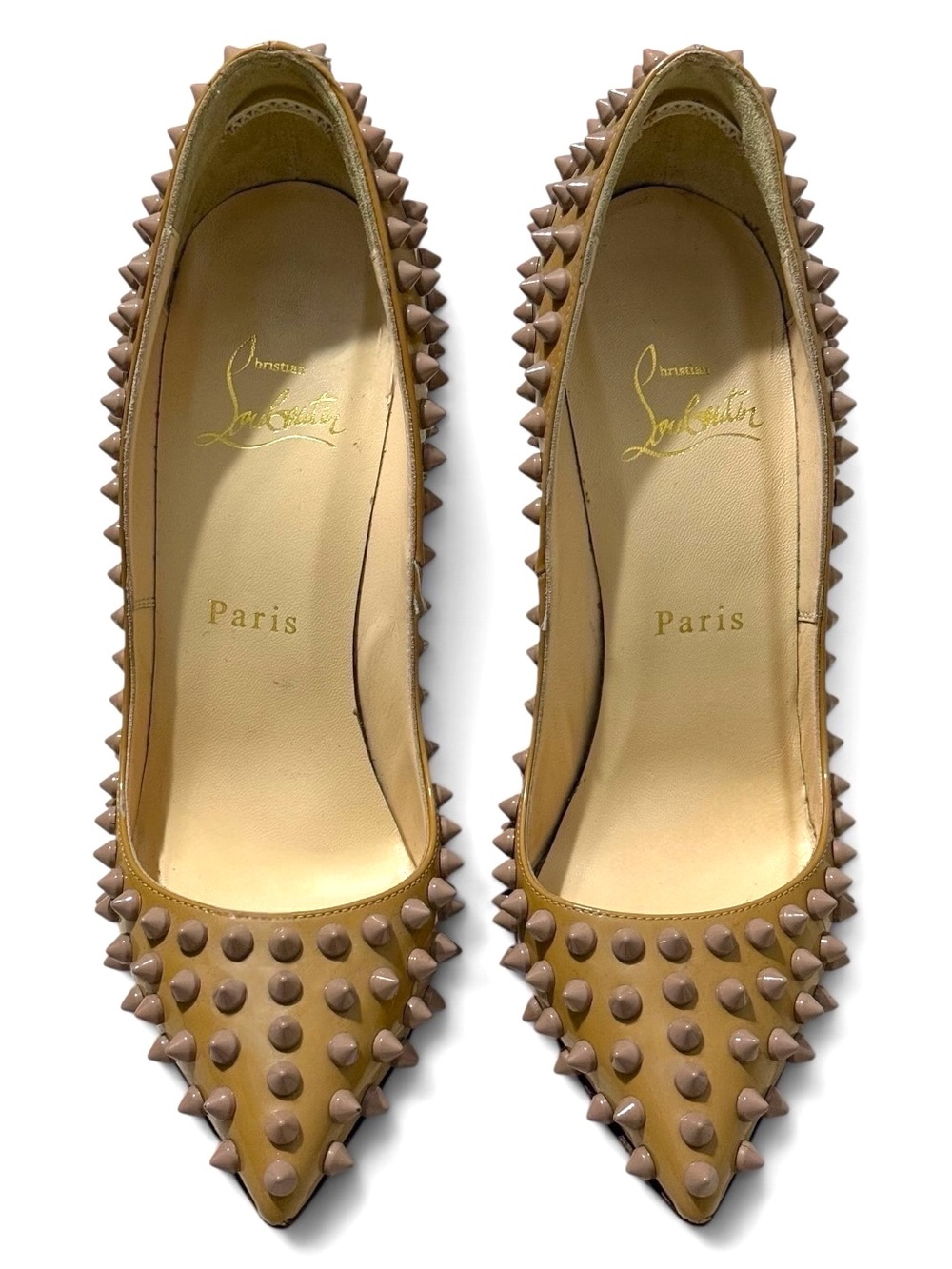 Christian Louboutin Pigalle 120 Beige Leather Spiked Pumps Size 35